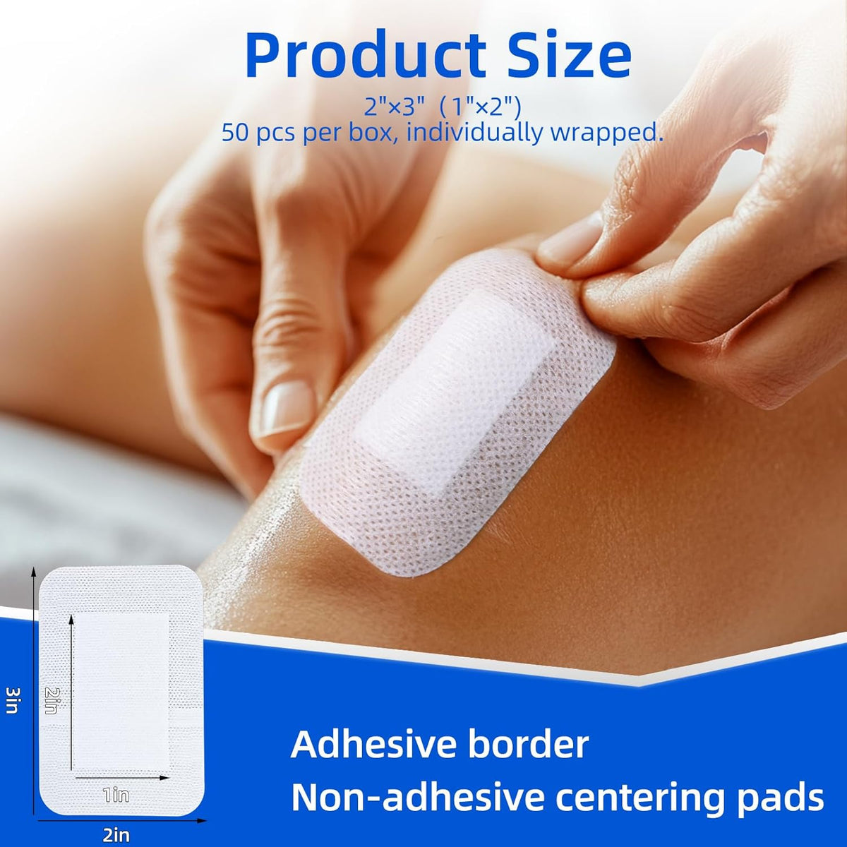 50Pcs Adhesive Gauze Island Dressing 2"x3", Water-Resistant Wound Dressing, Sterile & Absorbent Medical Grade Dressing Pad First Aid Dressing Pads