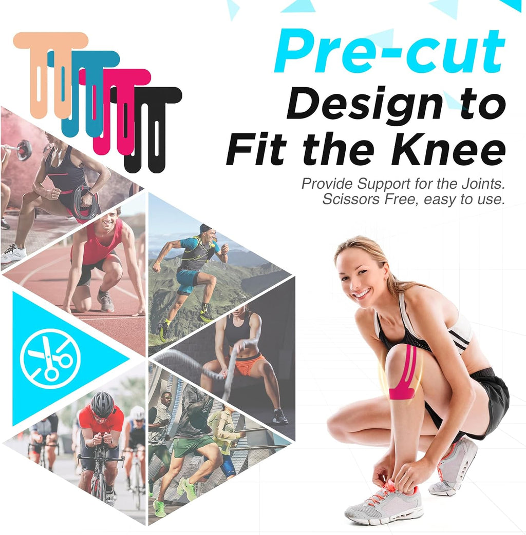 OK TAPE Kinesiology Tape for Knee,Precut 10 Pcs Stretchable on Four Sides | Nylon Waterproof Athletic Tape for Knee Support & Stability,Breathable and Hypoallergenic Black