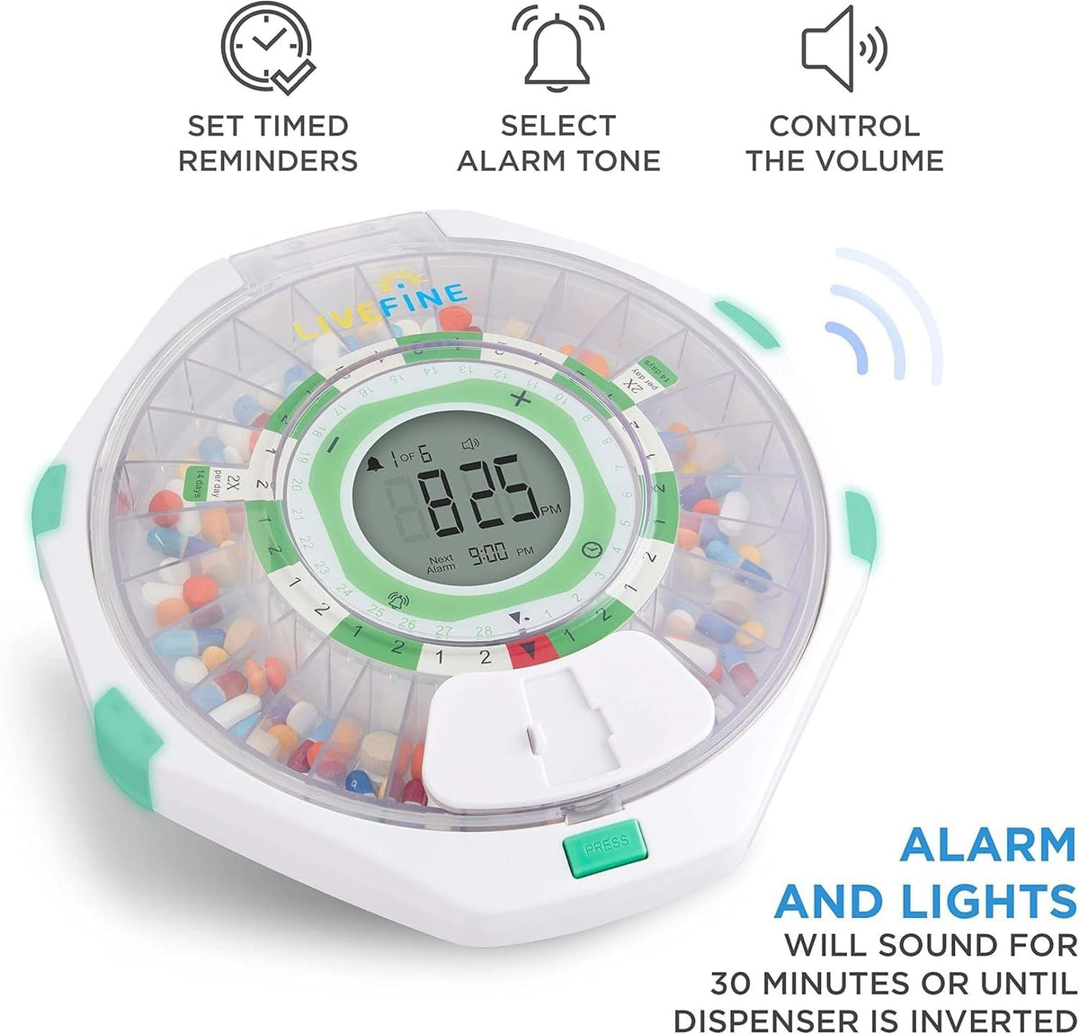 LiveFine 28-Day Locking Automatic Pill Dispenser with Alarm, Clear Lid