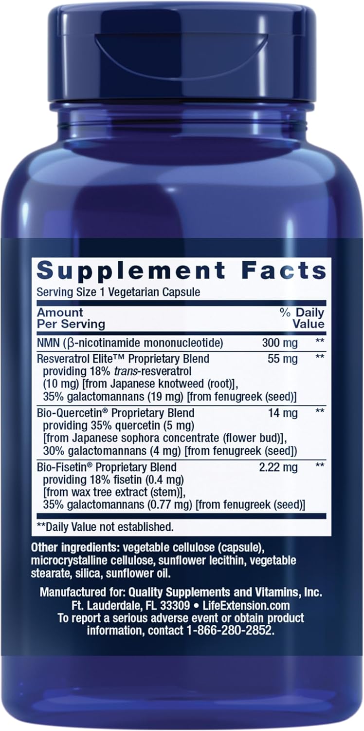 Life Extension NMN with Resveratrol Elite. Nicotinamide Mononucleotide, Trans-Resveratrol, Quercetin & Fisetin. NAD Precursor for Cellular Energy & Healthy Aging. Gluten Free, Non-GMO, 30 Veg Caps