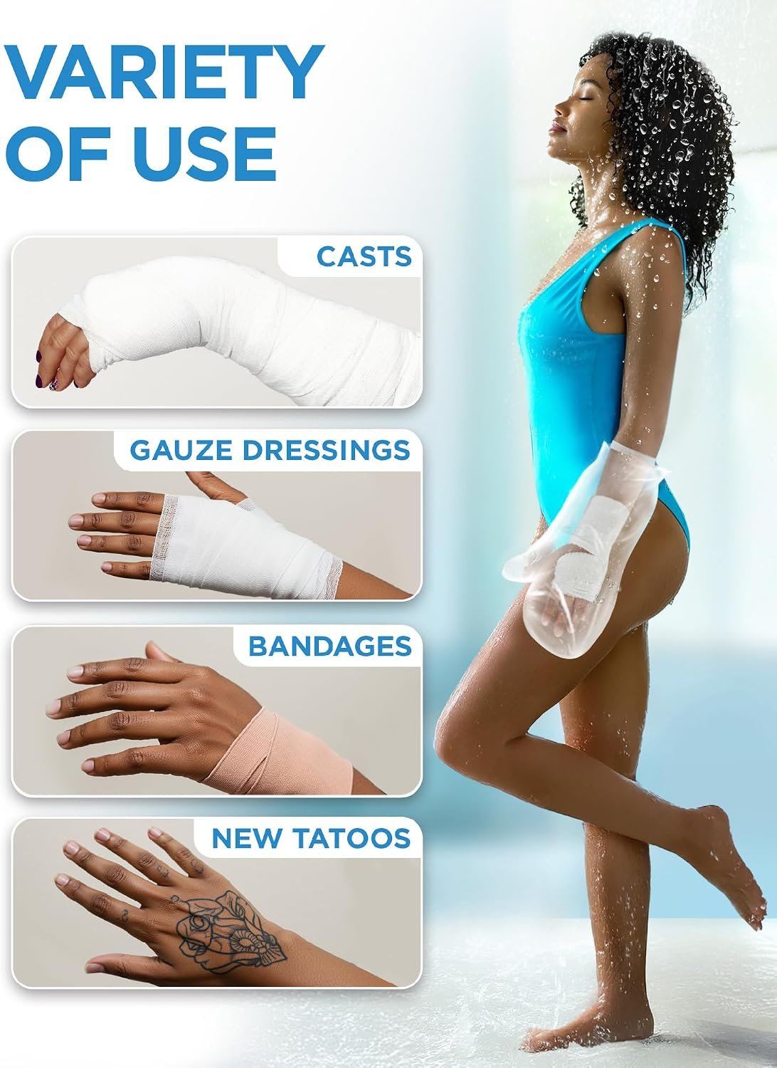 100% Waterproof Cast Covers for Shower Arm - 3pk - Tight Seal - Reusable | Adult Half Arm Cast Protectors - Hand, Wrist, Elbow - After Surgery Bandage and Dressing Cast Bag for Wounds and Burns