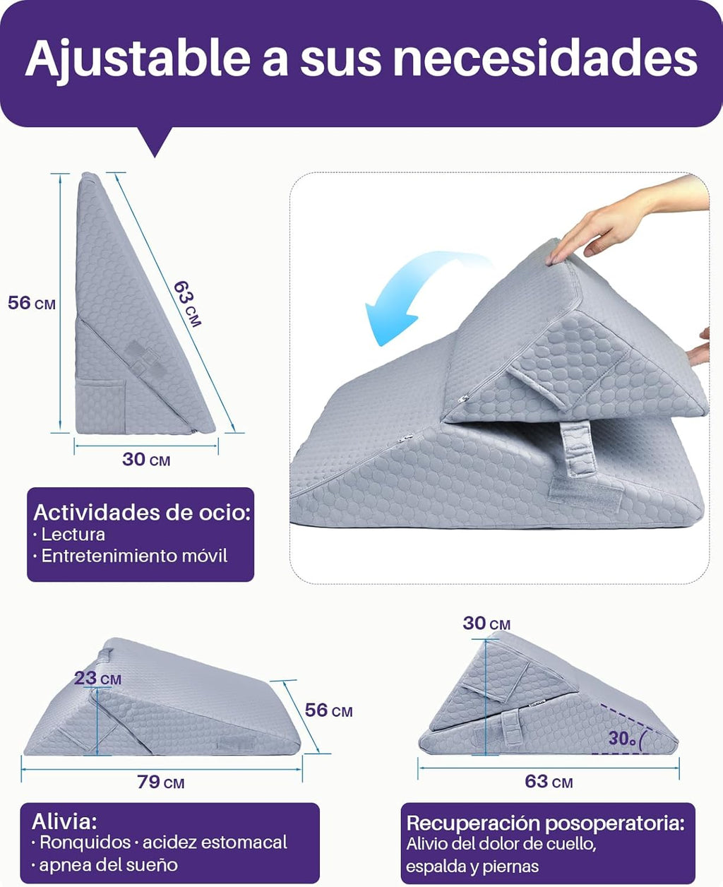 Kekoy Adjustable Adult Anti-Reflux Wedge | Ideal for Sleep Apnea, Acid Reflux, Snoring and Postoperative Recovery | Memory Foam Wedge Pillow, Washable Cover and Handle – Grey