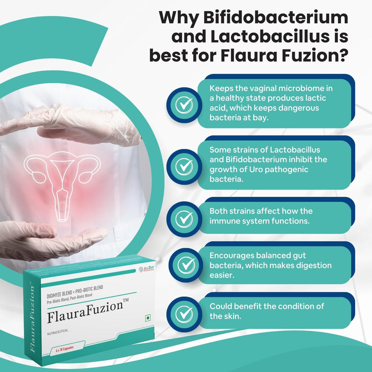ALLDAY PHARMA FlauraFuzion Probiotic Capsules for Women | 50 Billion CFU | 17 Multi-Strain Probiotics | Gut Health, Digestion Support & Immunity Booster | Women’s Daily Supplement | 10 Capsules