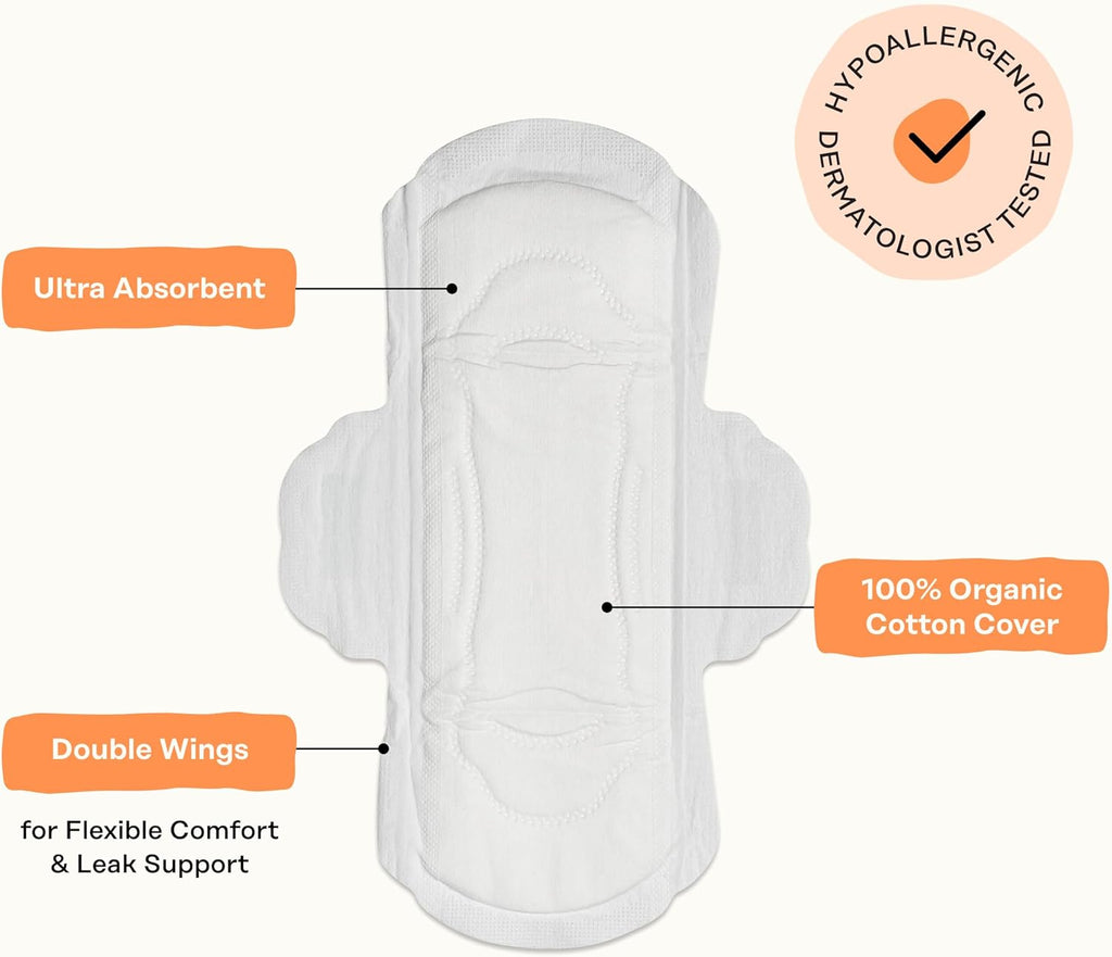 The Honey Pot Company - Cotton Comfort - Regular Pads for Women | Non-Herbal - Organic Cotton Cover - Menstrual Pads w/Wings - No Fragrance & Ultra-Absorbent Pulp Core - Feminine Care - 80ct