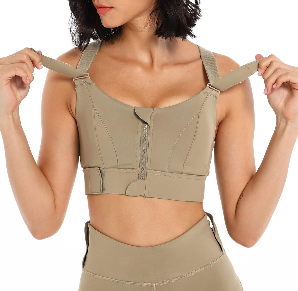 FEOYA Sports Bras for Women Zip Front Sports Bra X-Back Fitness Yoga Tank Tops Compression Bra High Impact for Running