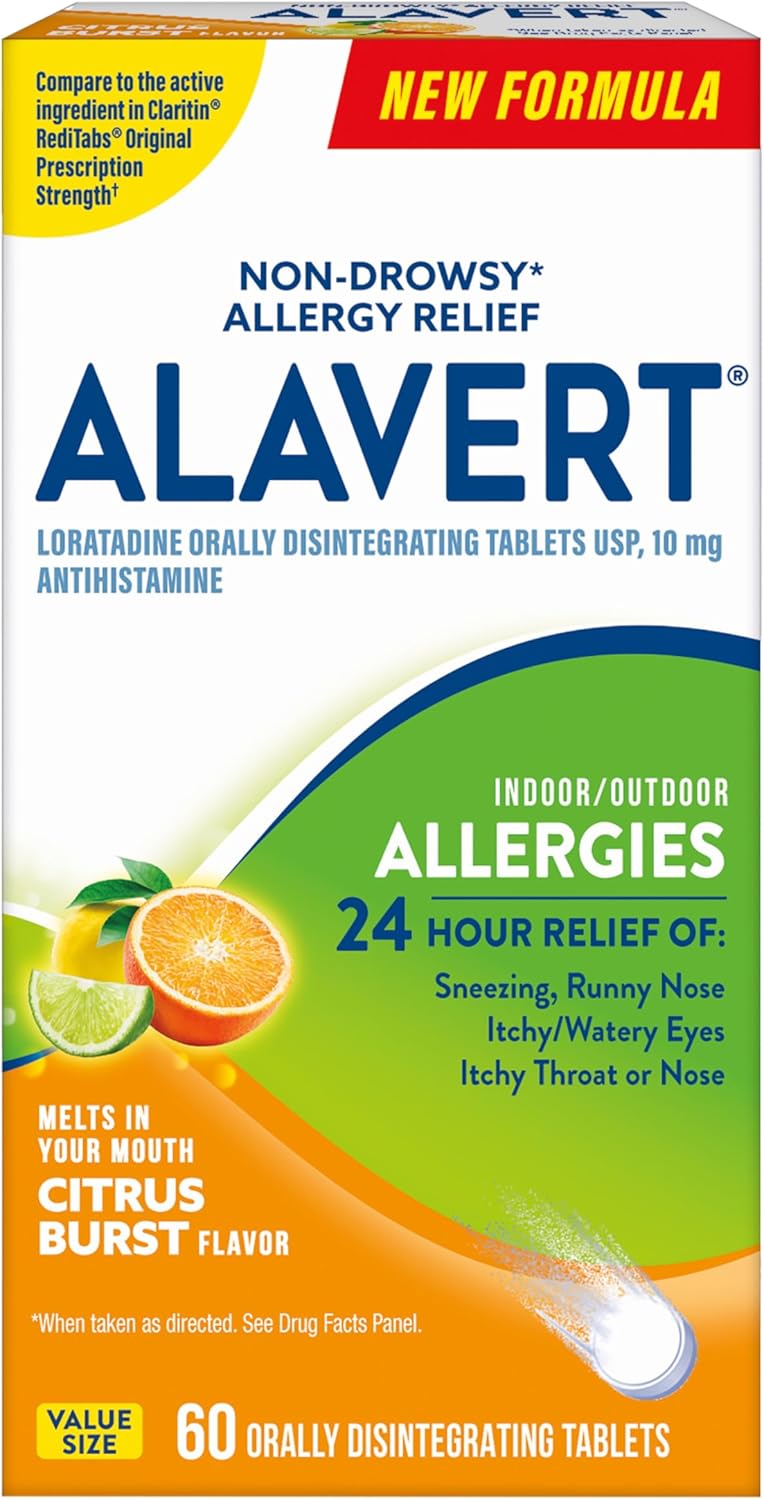 Alavert 24-Hour Allergy Relief, Non-Drowsy, Citrus Burst Flavor, 60 Tablets | Antihistamine providing 24-hour allergy relief, Loratadine 10mg, easy to take, no water needed, orally disintegrating tablets