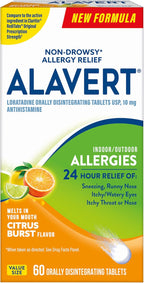Alavert 24-Hour Allergy Relief, Non-Drowsy, Citrus Burst Flavor, 60 Tablets | Antihistamine providing 24-hour allergy relief, Loratadine 10mg, easy to take, no water needed, orally disintegrating tablets