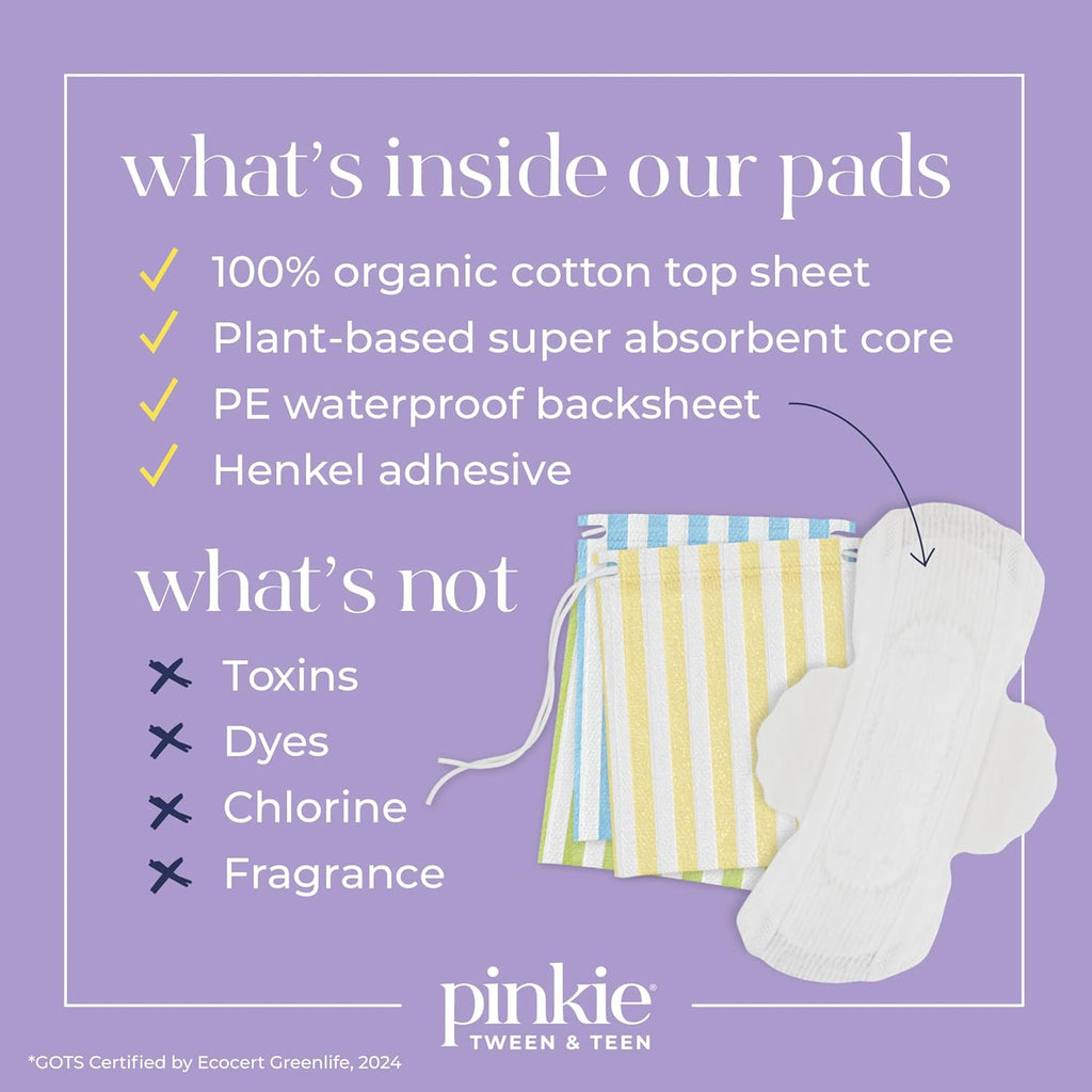 Pinkie Organic Cotton Period Pads for Tweens & Teens - Heavy Flow, 18 Count Combo Pack