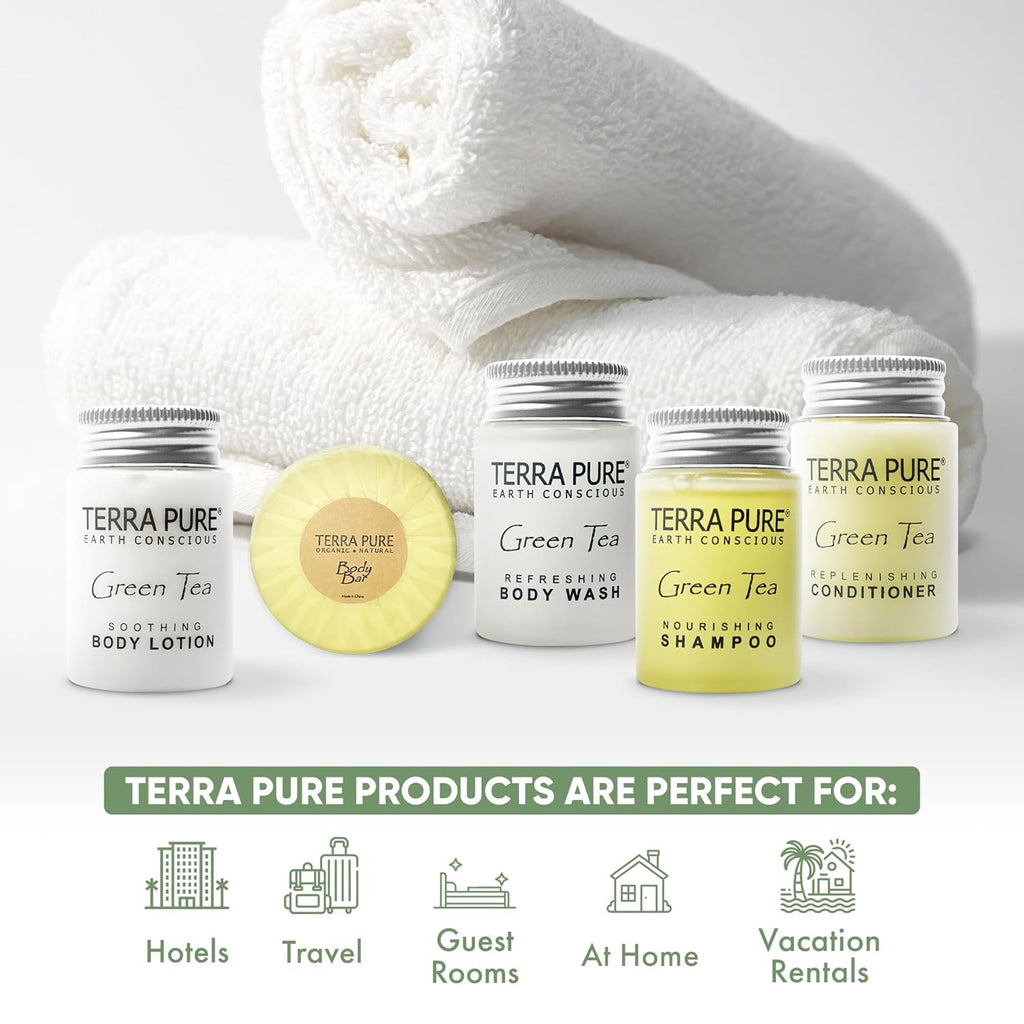 Terra Pure Hotel Toiletries, Shampoo & Conditioner Amenity Set, 150-Piece | Travel Size Guest Amenities, Hospitality Supplies, Hotels, Resorts, hotel room essentials, guest bathroom supplies, motels