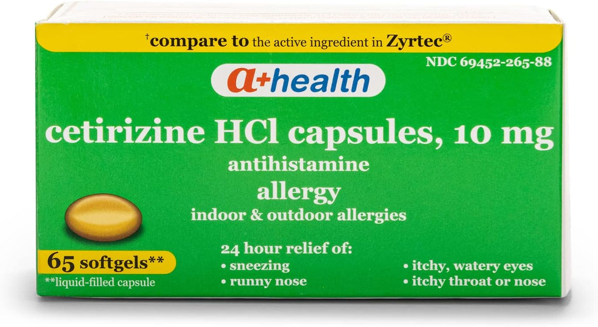 A+Health Cetirizine Hcl 10Mg Liquid Gels, 24 Hour Allergy Relief 65 Count
