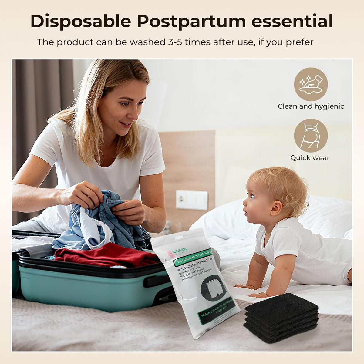 Carer Pack of 4 Disposable Panties Postpartum High Waist Briefs Breathable and Elastic for Pregnancy, Postpartum and Caesarean Section, Black/White, XXL