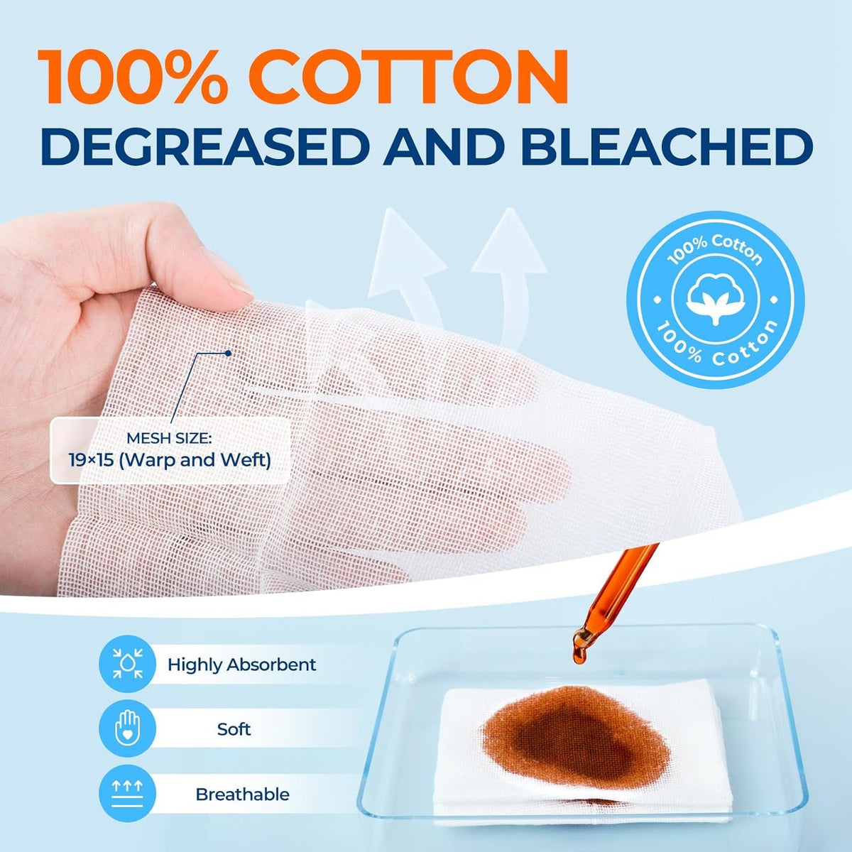 Kingstar 200 Count 4x4 Inch Gauze Sponges 8-Ply | Pure Cotton Woven Gauze Pads for First Aid, Wound Care, Skin Cleansing & Equipment Wiping