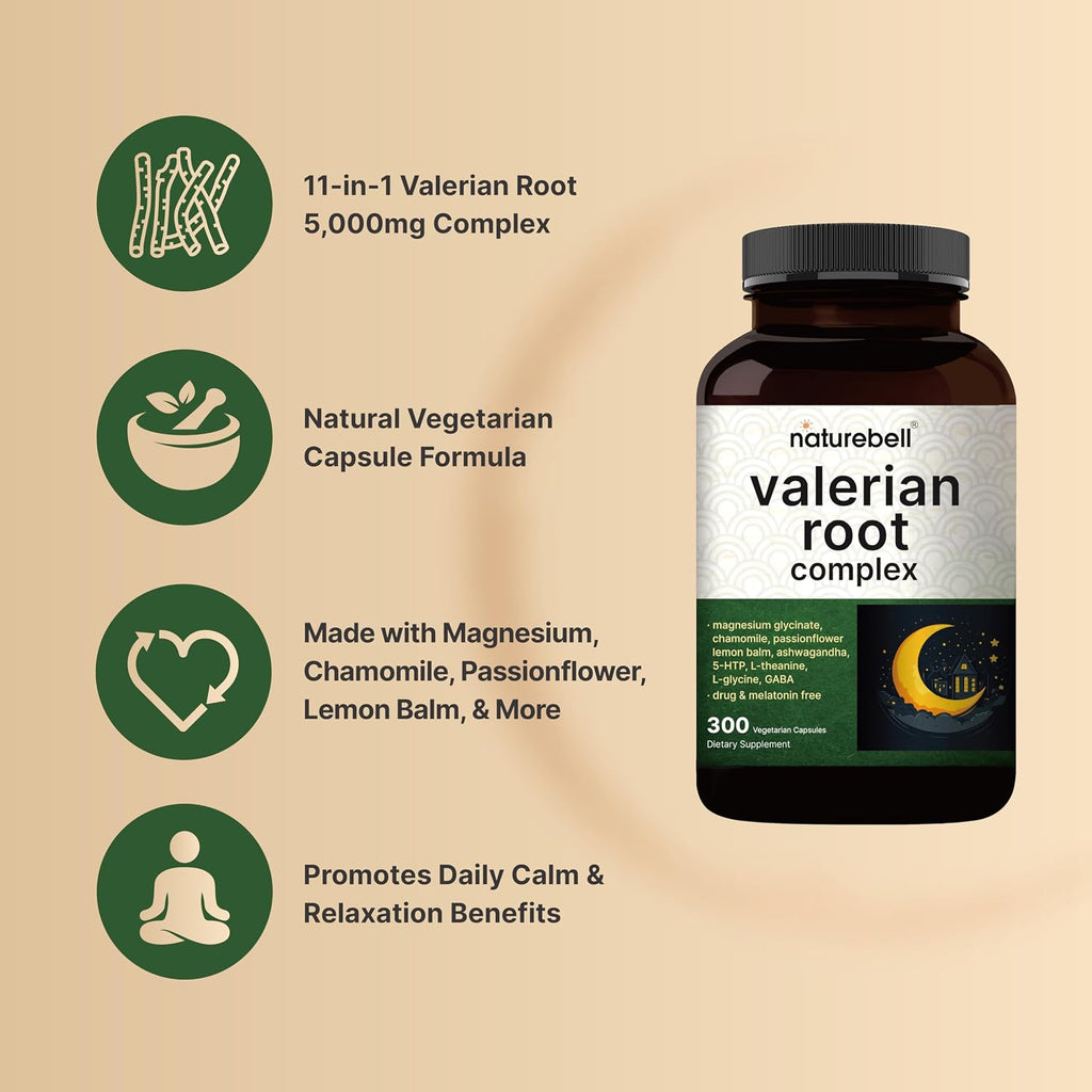 NatureBell Valerian Root for Sleep, 300 Veggie Capsules with Magnesium Glycinate, Chamomile, Passionflower, Lemon Balm, Ashwagandha, & More – Relaxation & Sleep Support Supplement – Melatonin Free