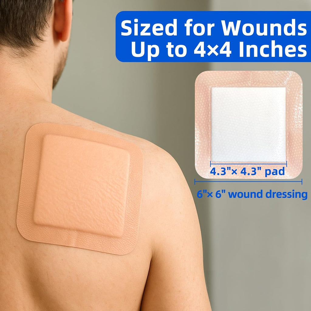 Niceful Super Absorbent Silicone Wound Dressing Large Bandages, 6"x6" 8Pcs | Gentle Silicone, High Absorbency, Ideal for Large Wounds (Shoulder/Hip/Knee), Pressure Ulcers & Surgical Wounds