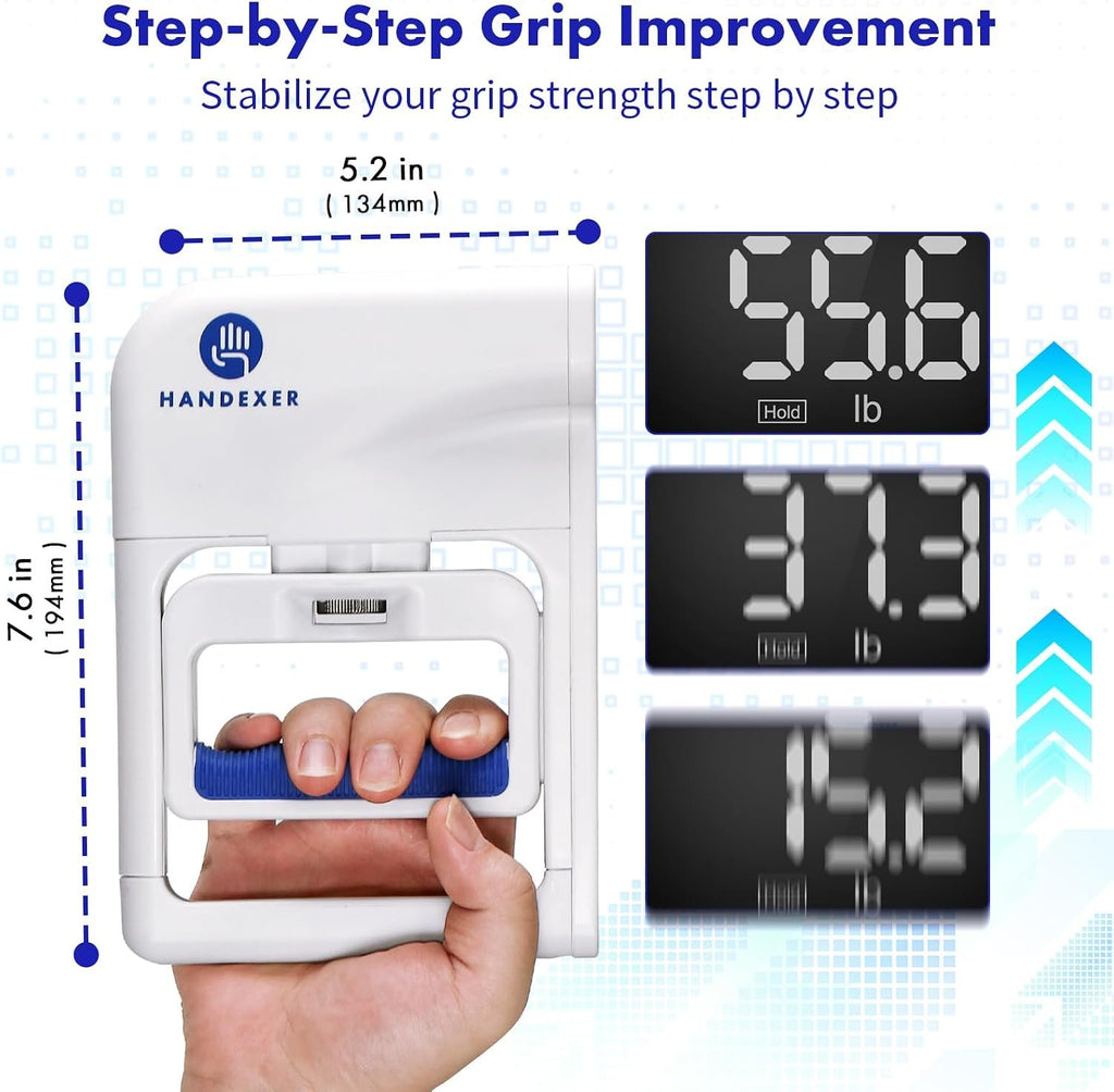 Digital Grip Strength Tester, 265 lb Hand Dynamometer, White | 265 lb Capacity; 0.2 lb Accuracy; Backlit LCD; Adjustable Grip; FDA Registered; 2-Year Warranty