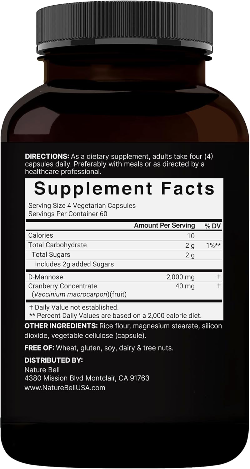 Double Strength D-Mannose with Cranberry Pills, 1000mg Per Serving, 200 Capsules, 2 in 1 Formula, Flush Impurities, Supports Urinary Tract Cleanse in Women and Prostate Health in Men