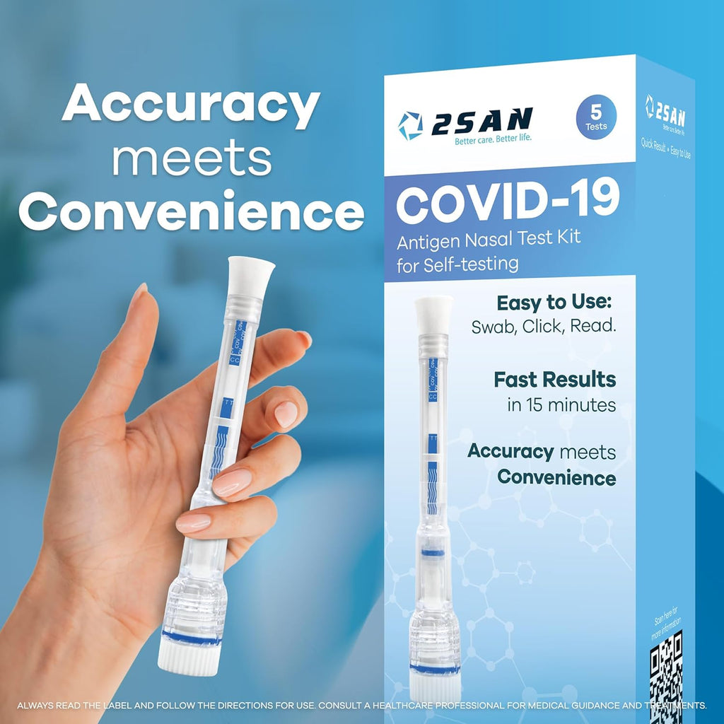2San COVID-19 Pen Test, Results in 15 Mins, Rapid & Reliable Nasal Swab, Easy At-Home Testing, Clinically Accurate, Gentle, Stress-Free Use, 5-Pack (5 Tests Total)