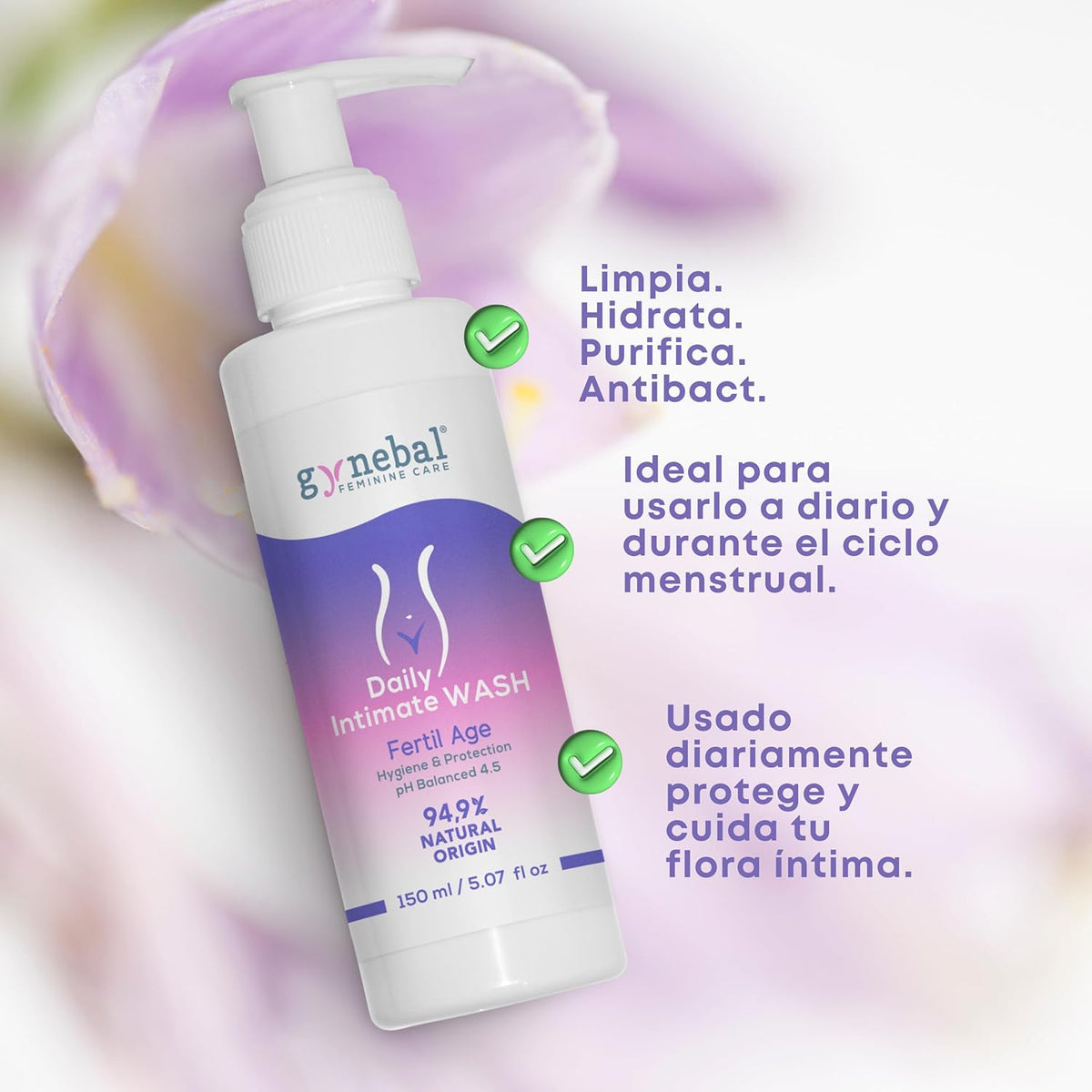 GYNEBAL - Intimate Soap for Women Fertile Age – pH 4.5 – Purifying with Tea Tree + Prebiotic + Lactic Acid – Daily Intimate Hygiene Gel – 150 ml