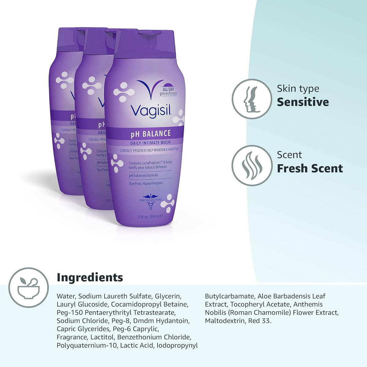 Vagisil Feminine Wash for Intimate Area Hygiene, pH Balance, Gynecologist Tested, Hypoallergenic, 12 oz, (Pack of 3)