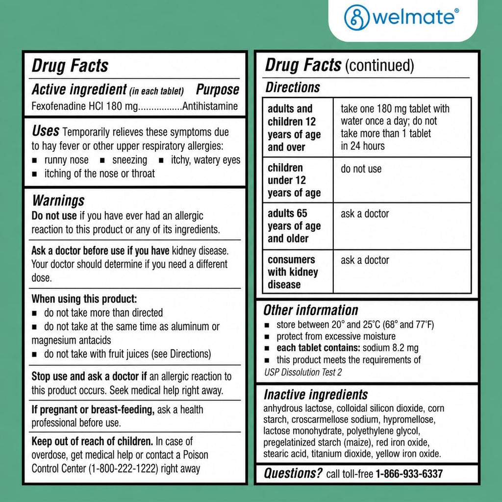 WELMATE Fexofenadine HCl 180mg Allergy Relief Tablets, 200 Count | 24-Hour Non Drowsy Antihistamine for Sneezing, Runny Nose, Itchy Watery Eyes - Indoor & Outdoor Allergy Medicine, Hay Fever