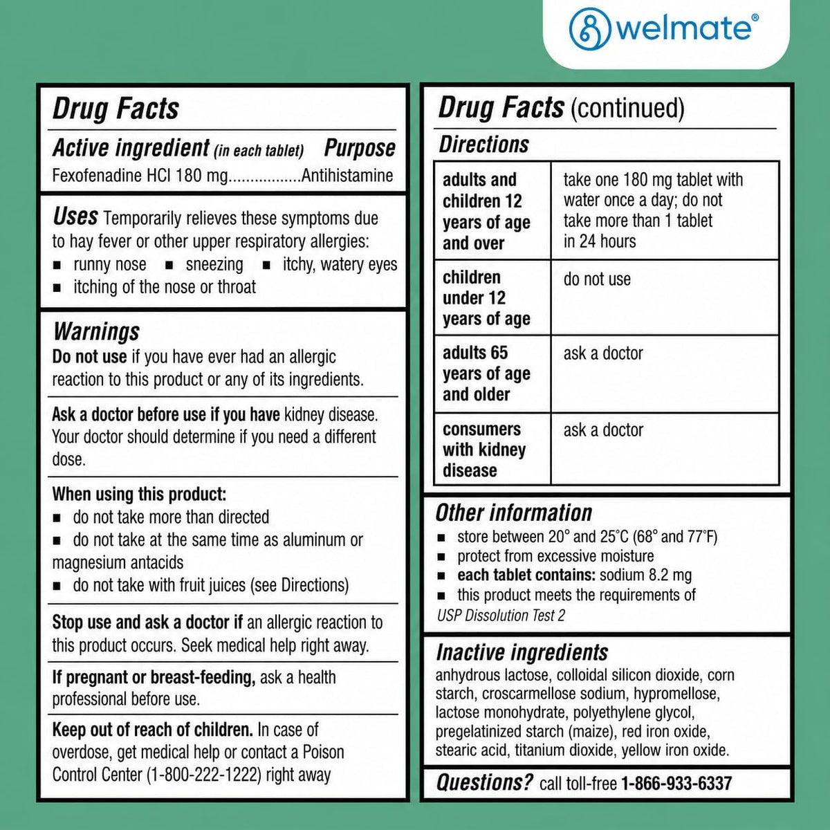 WELMATE Fexofenadine HCl 180mg Allergy Relief Tablets, 200 Count | 24-Hour Non Drowsy Antihistamine for Sneezing, Runny Nose, Itchy Watery Eyes - Indoor & Outdoor Allergy Medicine, Hay Fever