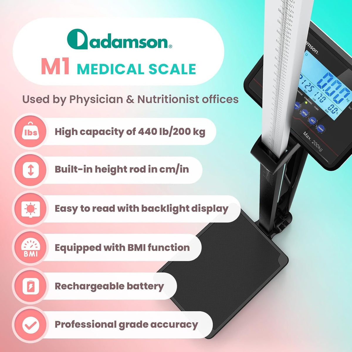 Medical Scale 440 lb Digital BMI Body Weight with Height Measurement