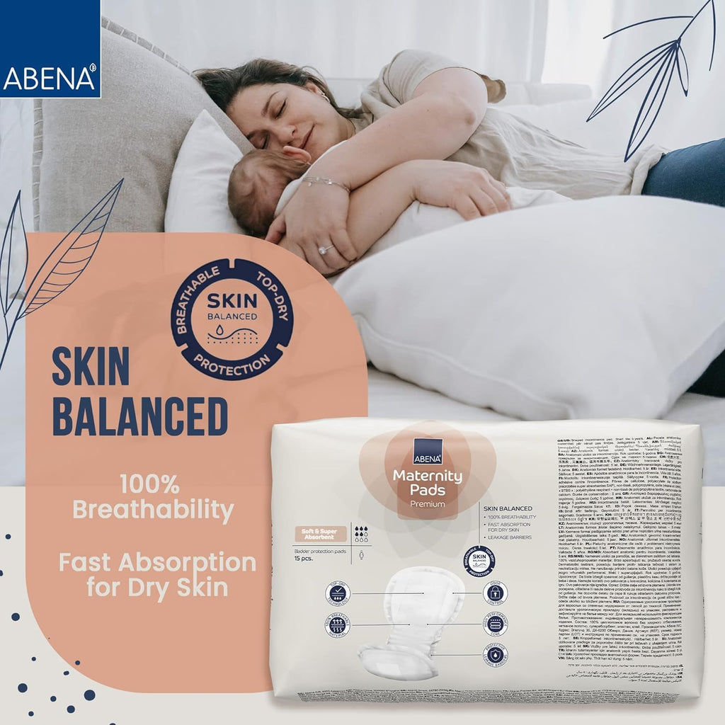 Abena New Mom Maternity Pads for Women - 15 Count, Super Absorption, Soft Disposable Pads for After-Delivery Incontinence (Box of 18)