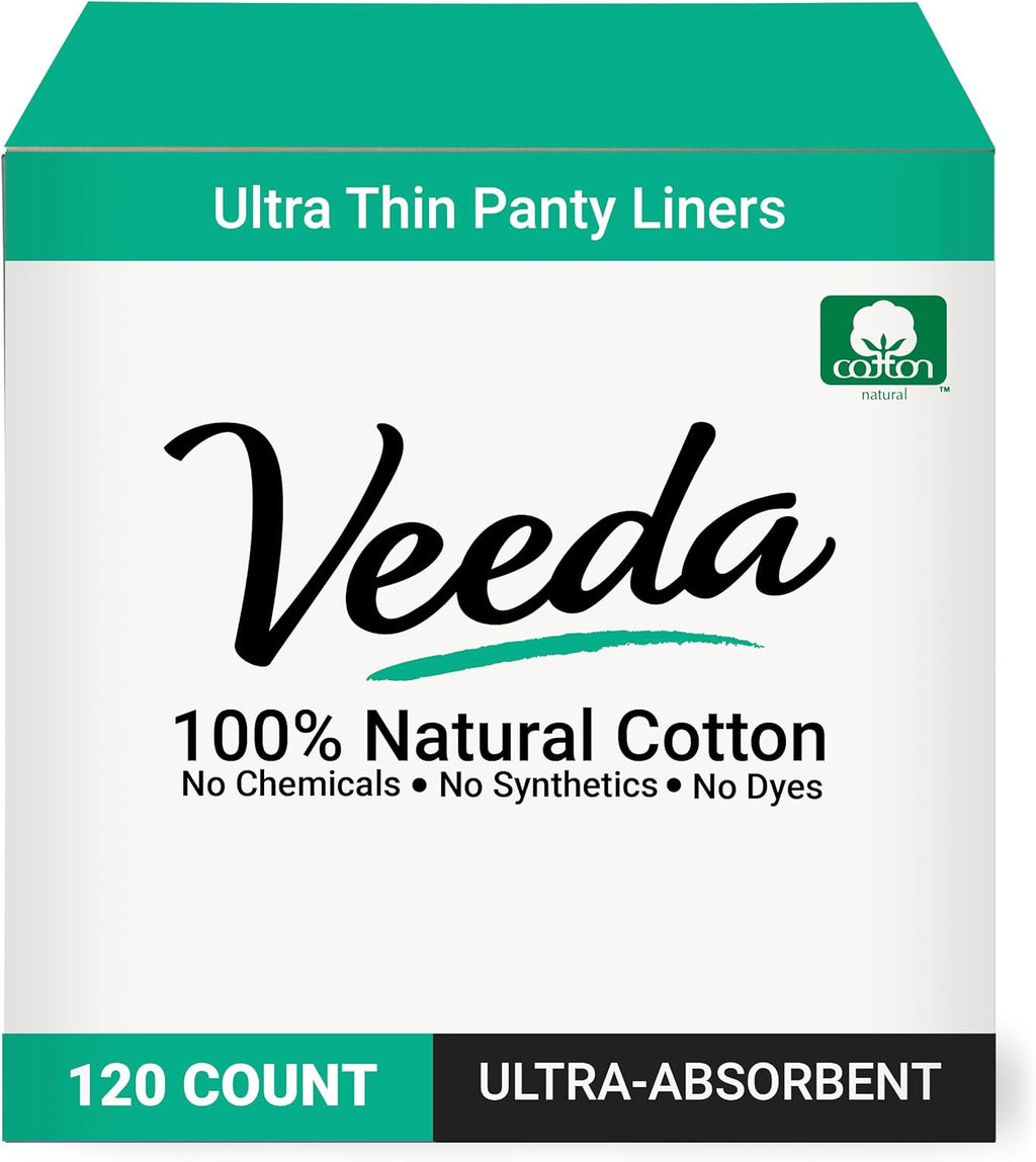Veeda Natural Cotton Ultra Thin Panty Liners for Women - Breathable Thin Daily Liners are Always Chlorine and Toxin Free - Hypoallergenic & Comfortable Pantyliners - 120 Count