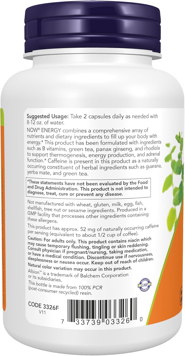 NOW Foods Supplements, Energy Dietary Supplement (lncludes B Vitamins, Green tea, Panax Ginseng and Rhodiola), 90 Capsules
