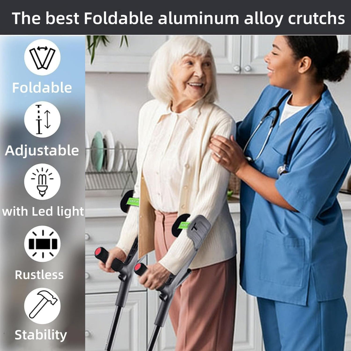 Forearm Crutches for Adults Foldable Knee Patients Mobility aids for Childre and Seniors for with Leg Injury Adjustable Travel Lightweight Walking Stick (Black Pro)