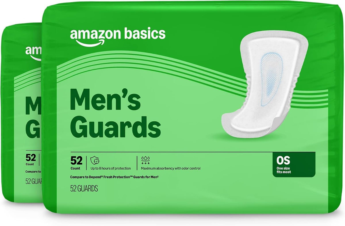 Amazon Basics Men's Incontinence Guards, Maximum Absorbency, Moisture-Wicking with Odor Protection, One Size Fits Most, 104 Count (2 Packs of 52), Packaging May Vary