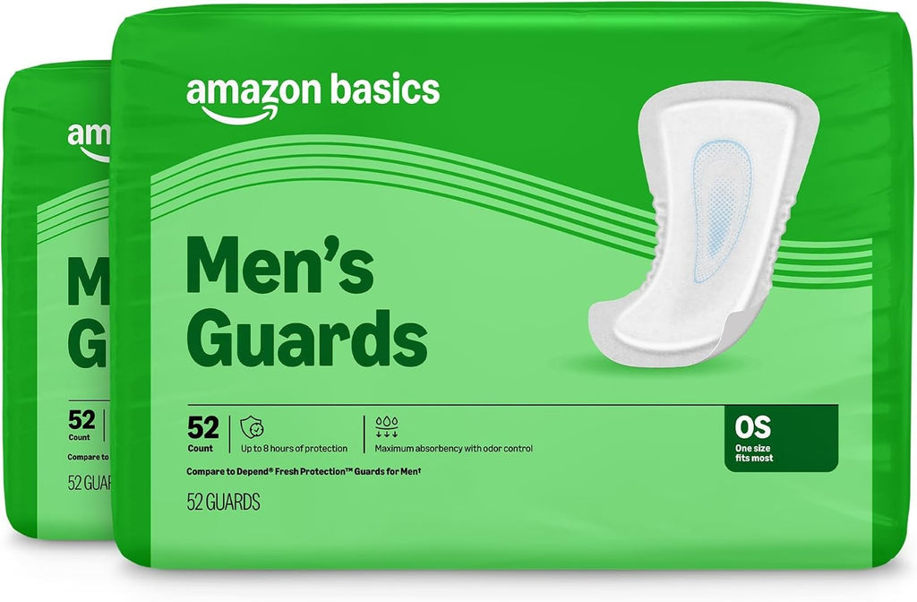 Amazon Basics Men's Incontinence Guards, Maximum Absorbency, Moisture-Wicking with Odor Protection, One Size Fits Most, 104 Count (2 Packs of 52), Packaging May Vary