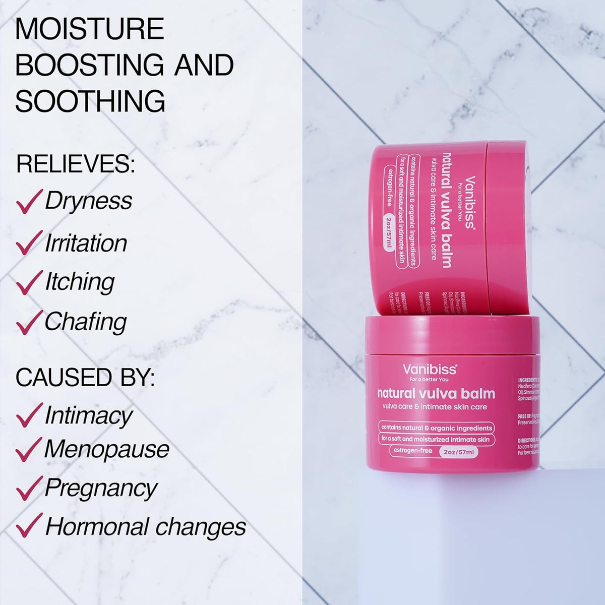 Vanibiss Natural Vulva Balm, Estrogen-Free Vaginal Moisturizer for External Use, Intimate Skin Cream for Dryness, Irritation and Itching, Daily Vulva Hydration and Menopause Comfort for Women (2 oz)
