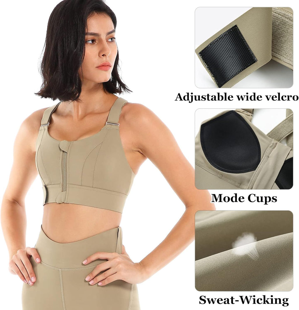 FEOYA Sports Bras for Women Zip Front Sports Bra X-Back Fitness Yoga Tank Tops Compression Bra High Impact for Running