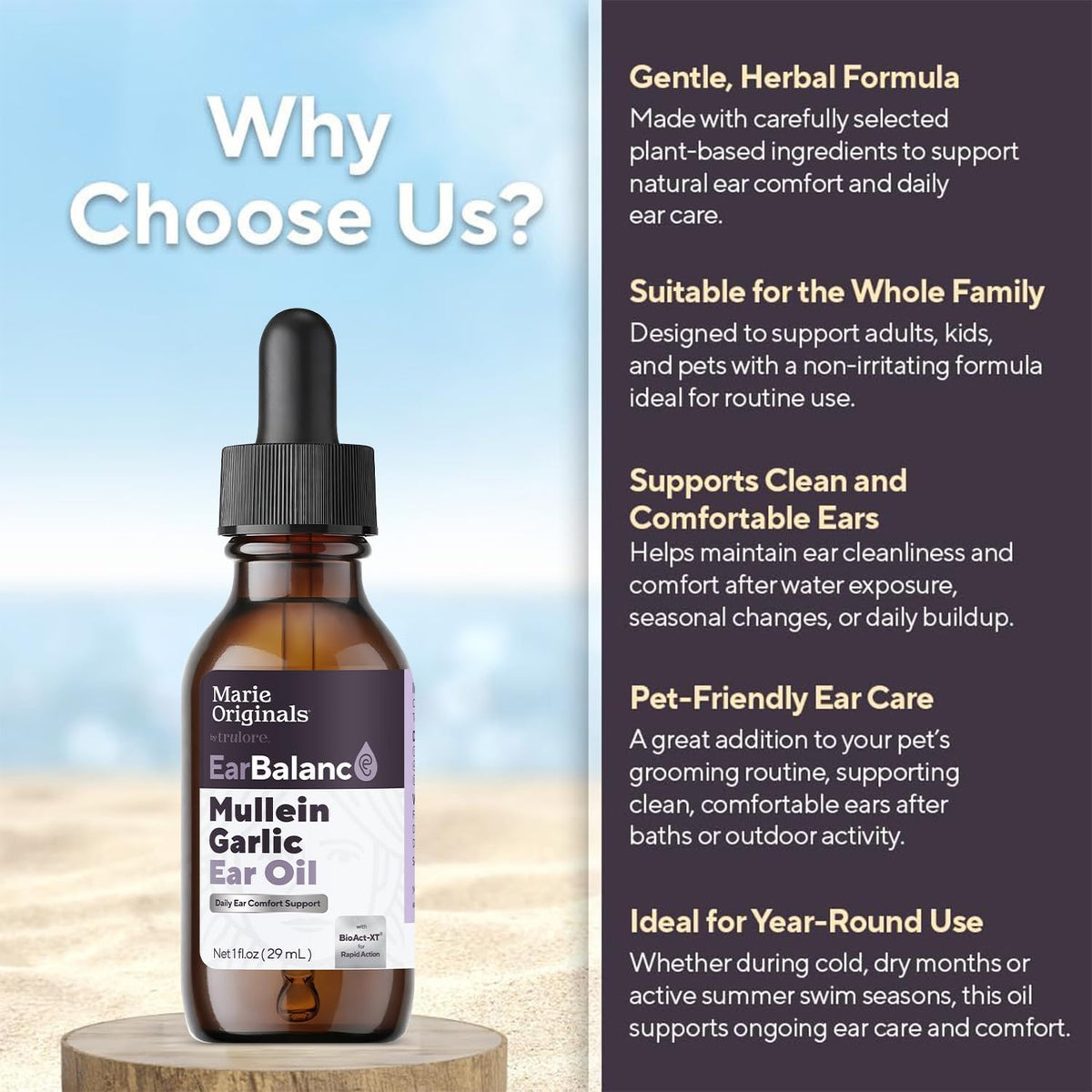 Marie Originals Mullein Garlic Ear Oil Drops for Earwax Care (1 Pack) | Olive Oil, Calendula and St Johns Wort, Herbal Ear Ache Drops, Balanced Ear Moisture 1 fl oz.