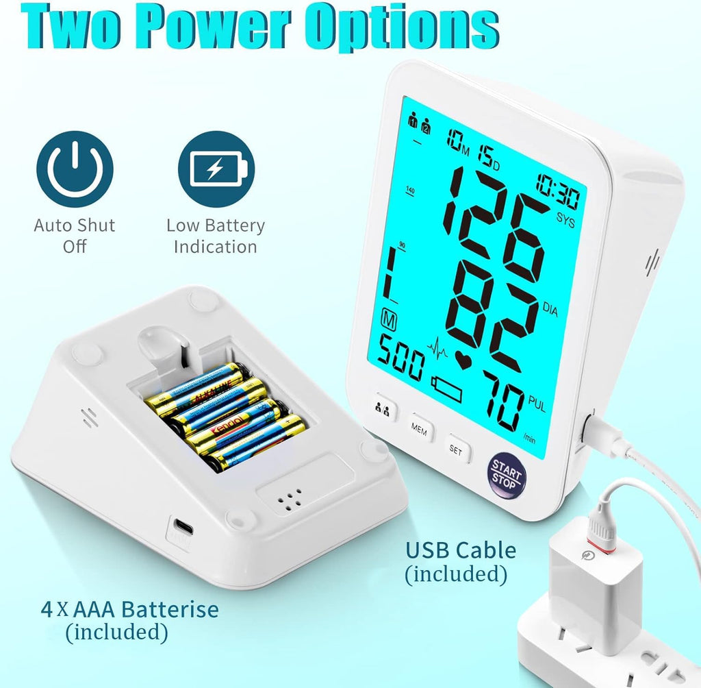 Blood Pressure Monitor 2 Cuff Sizes, Large Blood Pressure Cuff | M/L Cuff 9-17"& XL Cuff 13-21", Extra Large Backlit Display, Two User Mode, 1000 Mem, 4xAAA Batteries, Upper Arm, Home Use