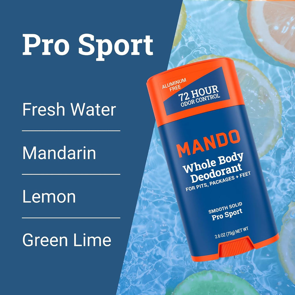 Mando Whole Body Deodorant For Men - Solid Stick - 2.6 oz, 2 pk - Pro Sport | 72 Hour Odor Control with Mandelic Acid. Use on underarms, chest, feet & below the best. Aluminum Free & Baking Soda Free