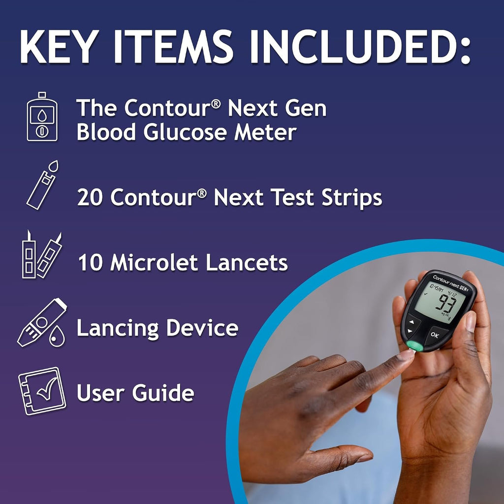 Ascensia CONTOUR NEXT GEN Blood Glucose Monitor All in One Kit + 20 Strips | Includes 20 Test Strips, Accurate Blood Sugar Monitor, Easy-to-Use Glucose Meter, Portable, Reliable Diabetes Testing Kit
