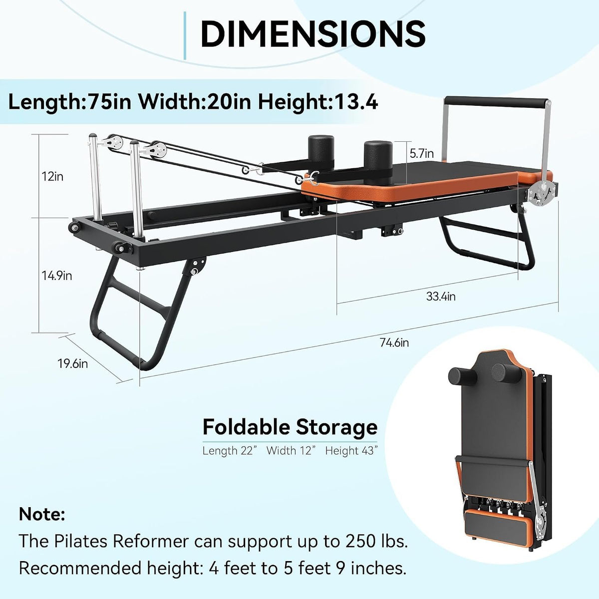 Pilates Reformer,Dpiolrcag Foldable Pilates Machine & Equipment for Home Use and Gym Workout, Suitable for Advanced and Beginners Users, Up to 250 lbs Weight Capacity