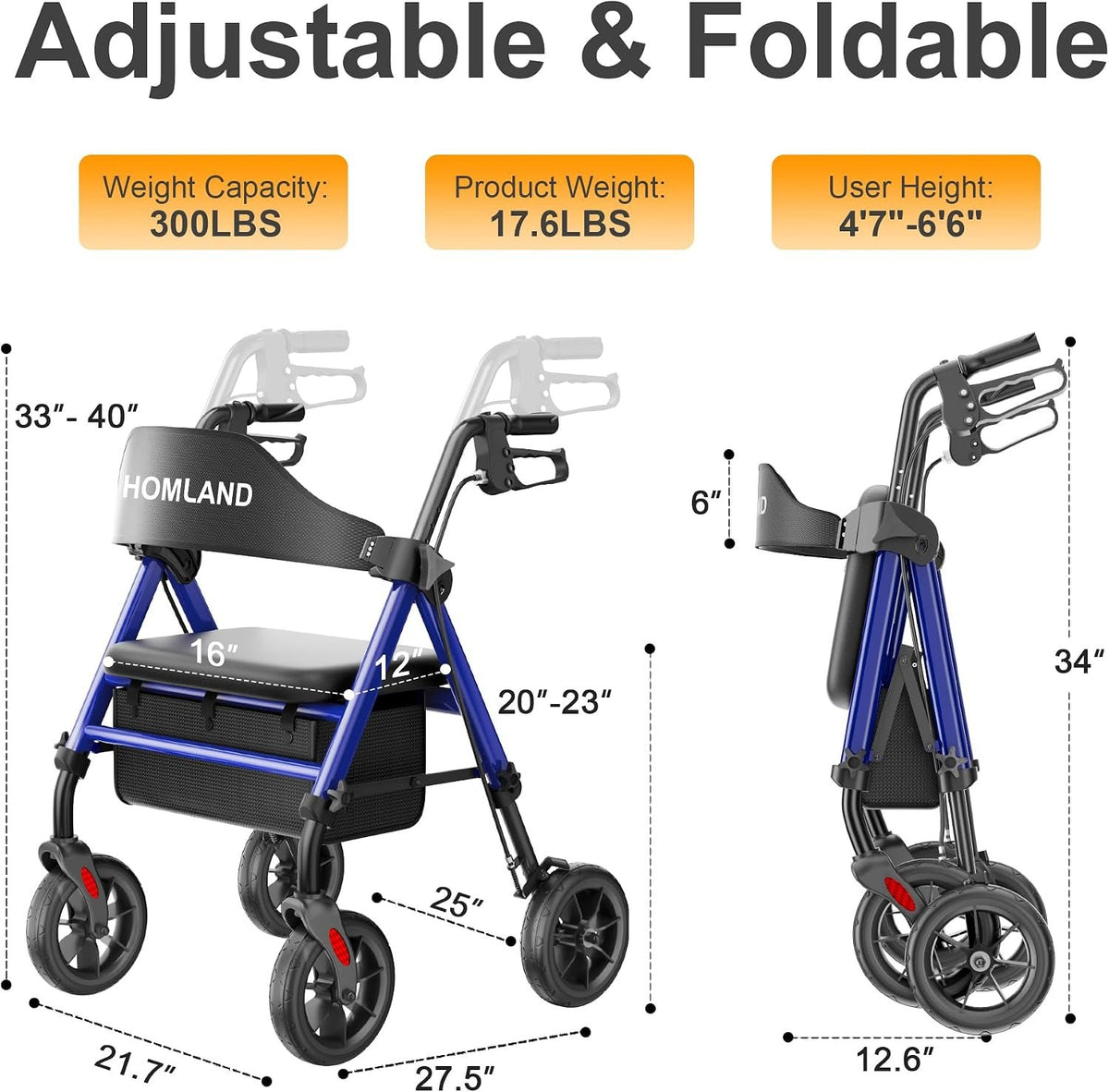 HOMLAND Foldable Rollator Walkers for Seniors with Seat, 17 lb Lightweight | 8" All-Terrain Rubber Wheels, Reinforced Aluminum Frame, Cup Holder, 16'' Enlarged Seat, Height Adjustable, Easy Assembly
