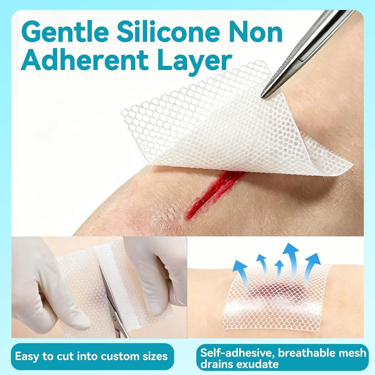 Dimora Silicone Wound Contact Layer, Non-adhering Dressing, Transparent Wound Dressing Pads, 3in x 4in (7.5cm x 10cm), 10 pcs