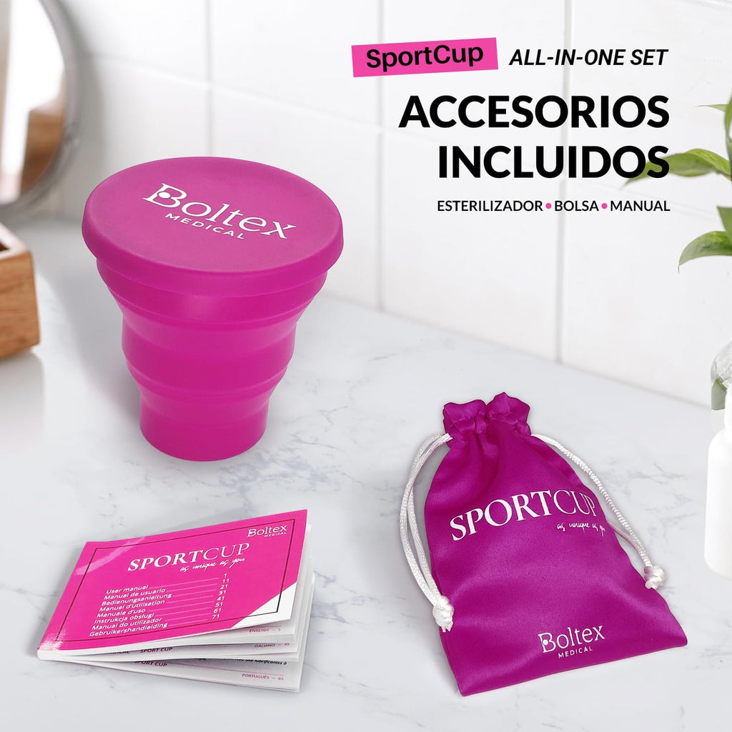 Menstrual Cup SPORT CUP ALL-IN-ONE SET by BOLTEX MEDICAL. Designed for Active Women. Includes Sterilizer Cup, 3 SPORT Cup Menstrual Cups: Size S, Size M, Size L and Storage Bag