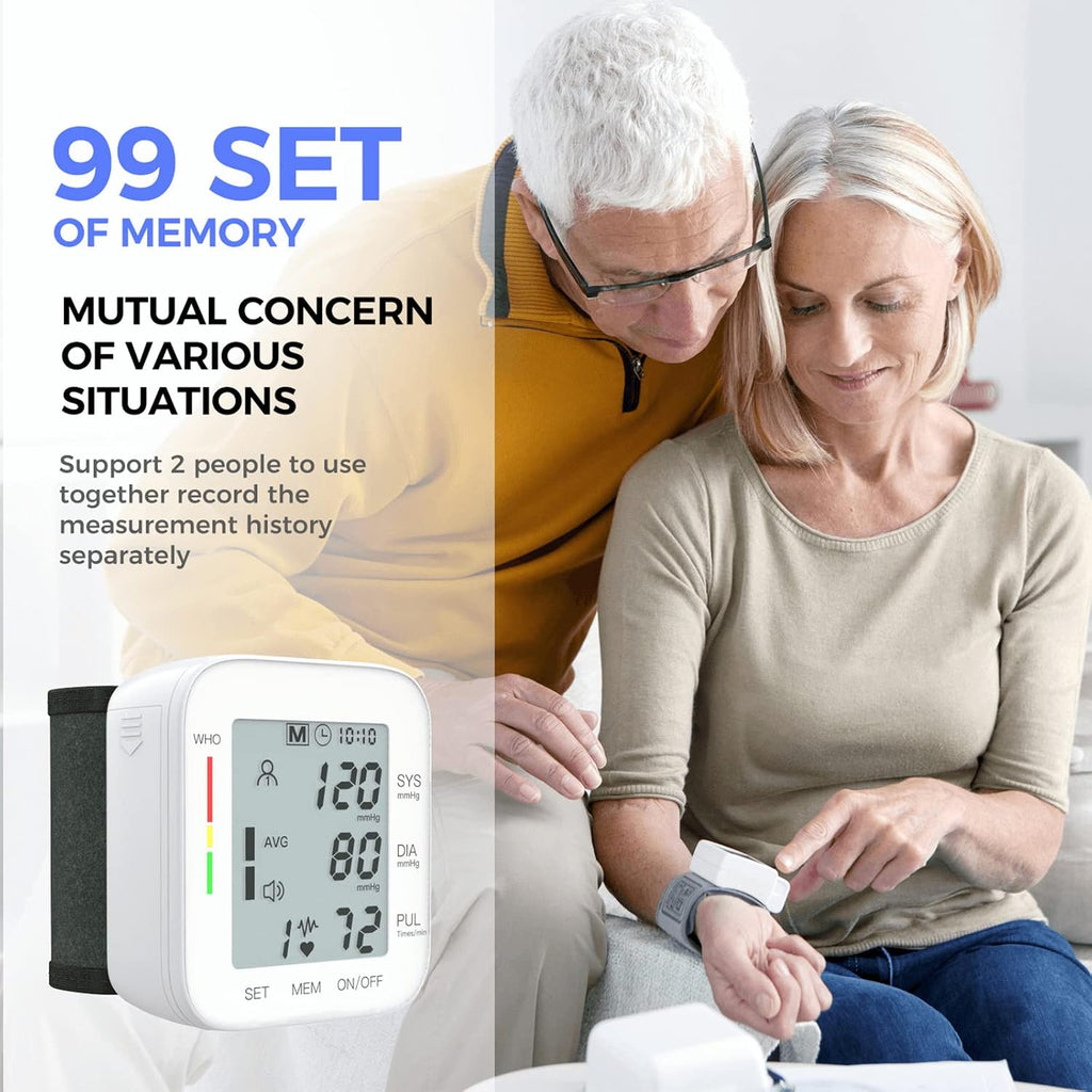 MMIZOO Wrist Blood Pressure Monitor BP Machine with Carrying Case White | FDA Cleared, Large LCD Display, Automatic 99x2 Sets Time Stamped Memory, Adjustable Cuff (5.31-7.68"), For Home/Travel Use