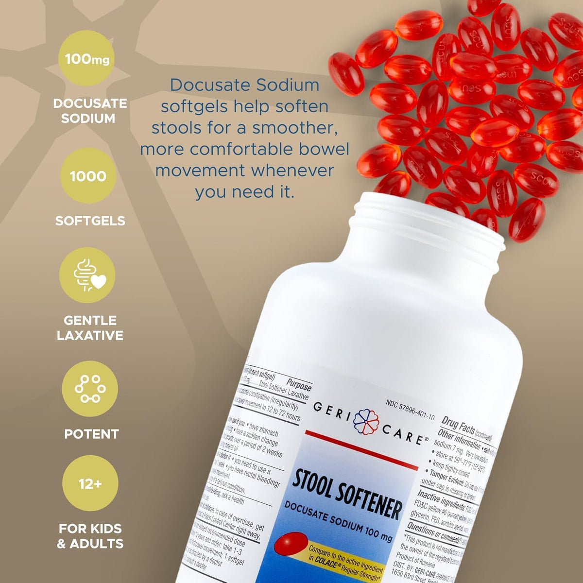GeriCare Docusate Sodium Stool Softener, 100mg Softgels (Bottle of 1,000)