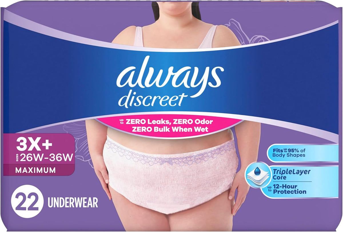 Always Discreet Reimagined Adult Diapers for Women, Maximum Absorbency Incontinence and Postpartum Underwear Size 3X+, Up to 100% Leak Free Bladder Leak Protection, 22 Count​