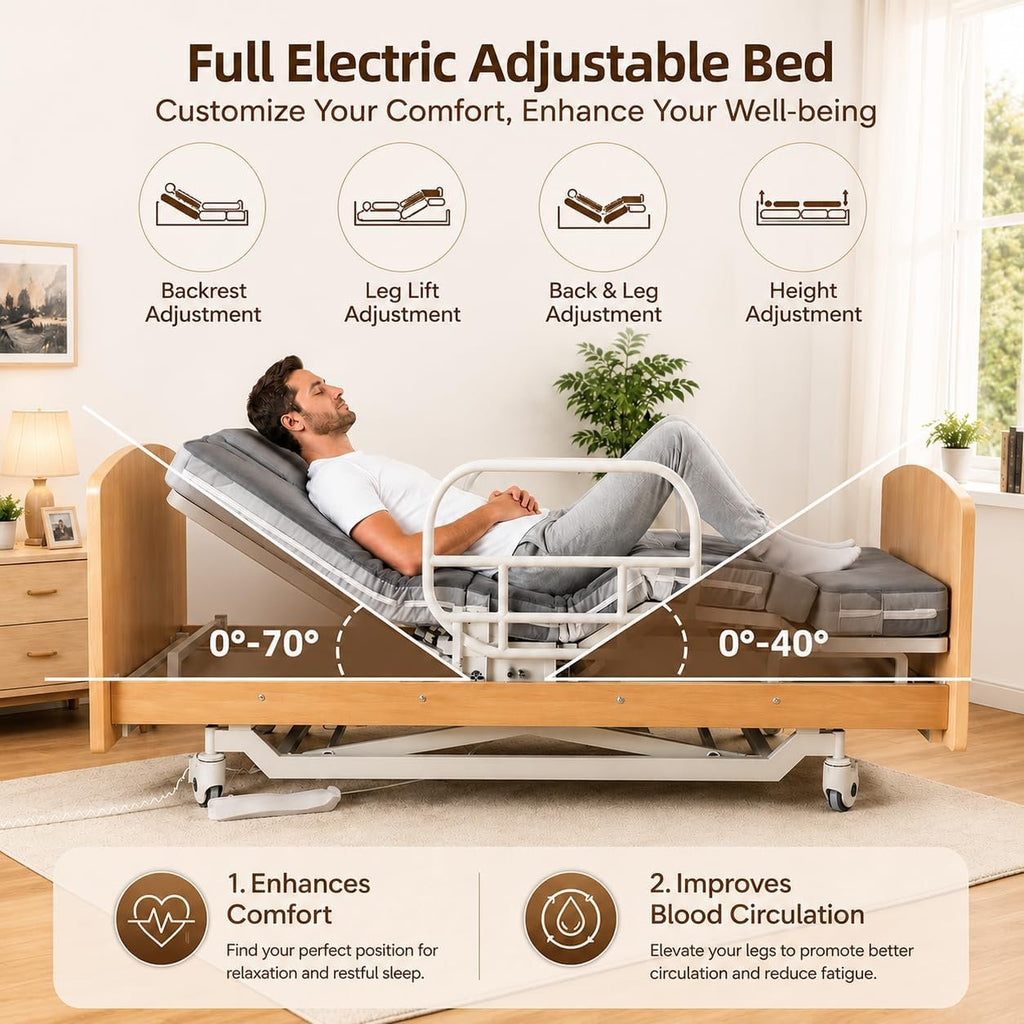 Rotating Electric Hospital Beds for Home Use, 90° Sit-to-Stand Nursing Medical Bed for Seniors and Disabled with Adjustable Height, Backrest, Leg Rest, 550 lbs Capacity, Mattress Included