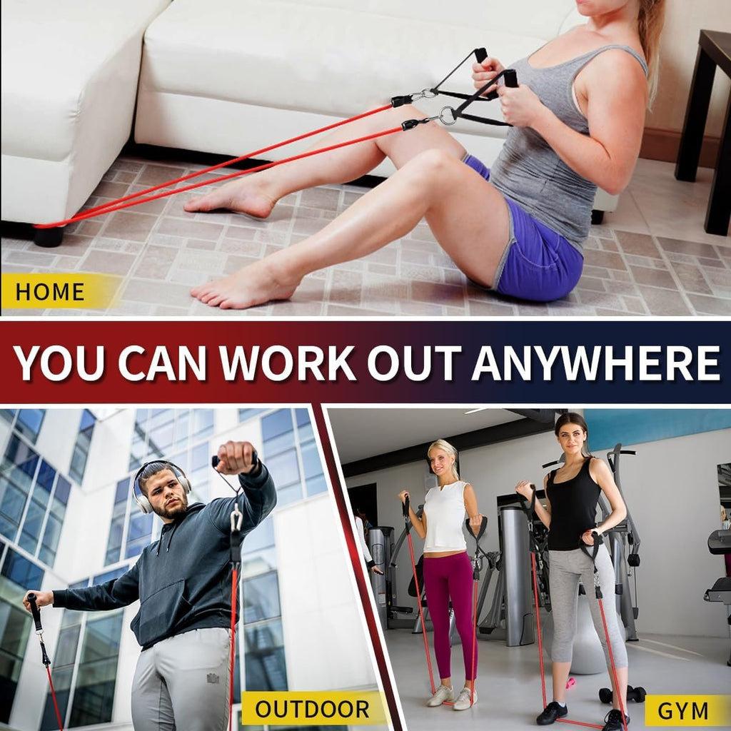 WHATAFIT Resistance Bands with Handles, 5-Level Exercise Bands for Workout | Natural latex,10-50 lbs, stackable to 150,Ankle Straps, Door Anchor,Guide. For Strength, Yoga,Home Gym,Travel & Workout.