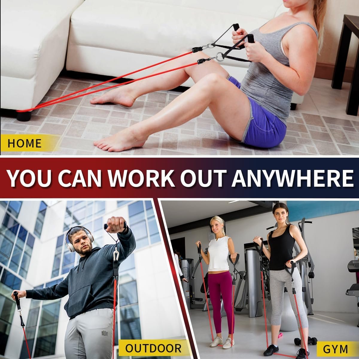 WHATAFIT Resistance Bands with Handles, 5-Level Exercise Bands for Workout | Natural latex,10-50 lbs, stackable to 150,Ankle Straps, Door Anchor,Guide. For Strength, Yoga,Home Gym,Travel & Workout.