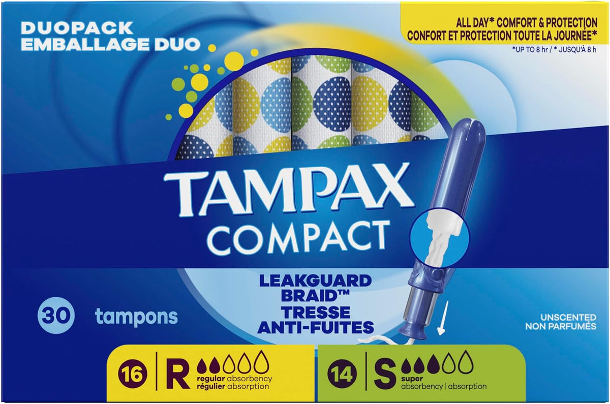 Tampax Compact Pearl Tampons Multipack, with LeakGuard Braid & Extendable Applicator, Regular/Super Absorbency, Compact Extendable Applicator, Unscented, 30 Count