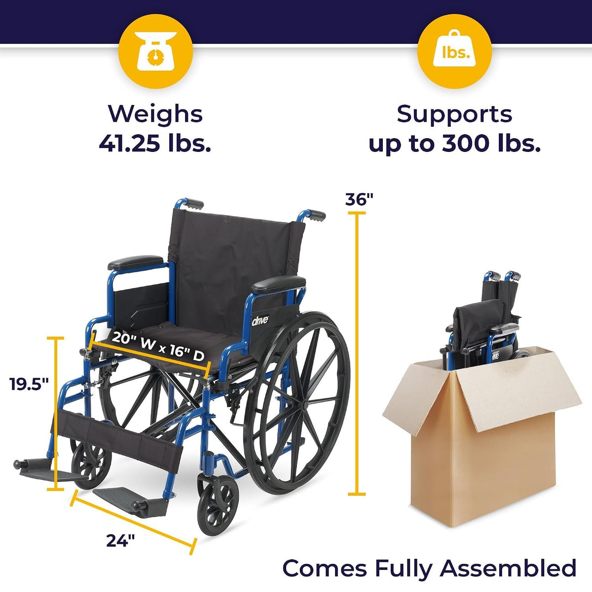 Drive Medical Blue Streak Lightweight Wheelchair, Footrests, 20" Seat